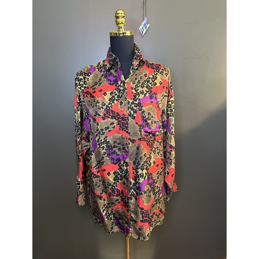 C G Designs Sport Vintage Silk Long Sleeve Button Down Blouse S‎ Small Cheetah